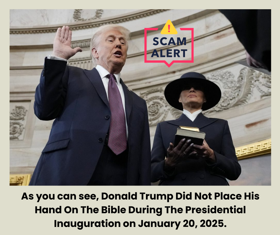 Donald Trump raises his left hand while Melania Trump stands beside him, holding the Bible as he is sworn in. Clearly, he chose not to place his right hand on the Bible.