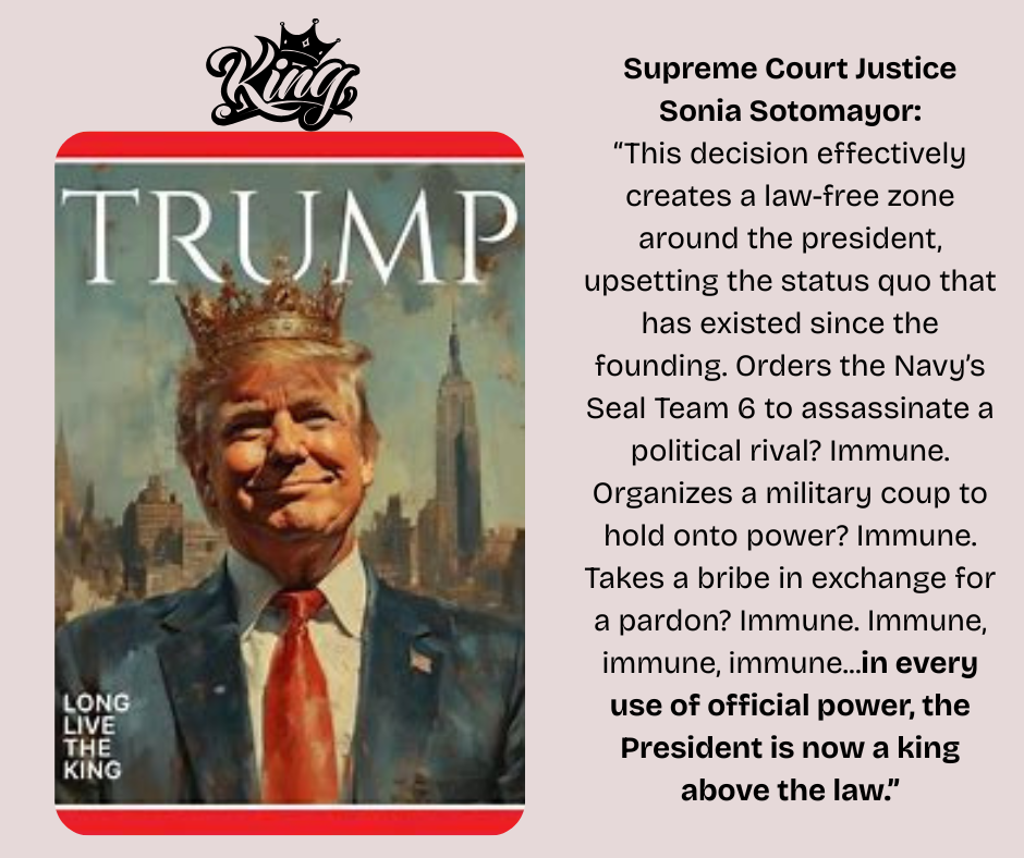 Resembling a Time Magazine Cover, the portrait shows Donald Trump wearing a crown and a caption that reads "Long Live The King".