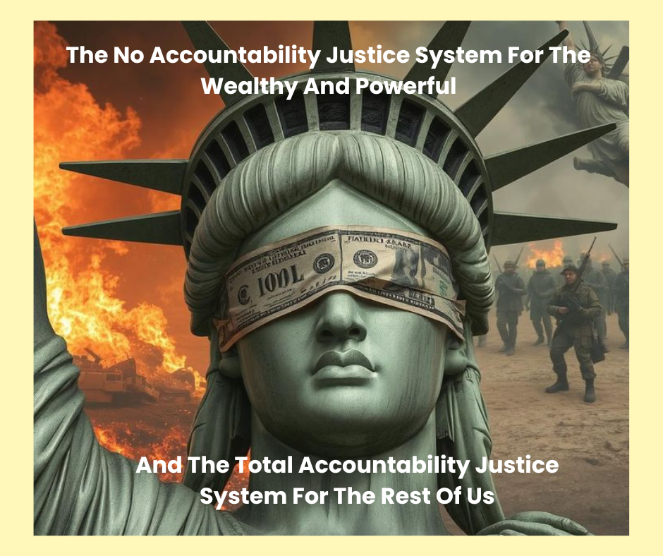 The face of Lady Liberty with a hundred-dollar bill around her eyes. There is fire behind her on the left and soldiers behind her on the right.