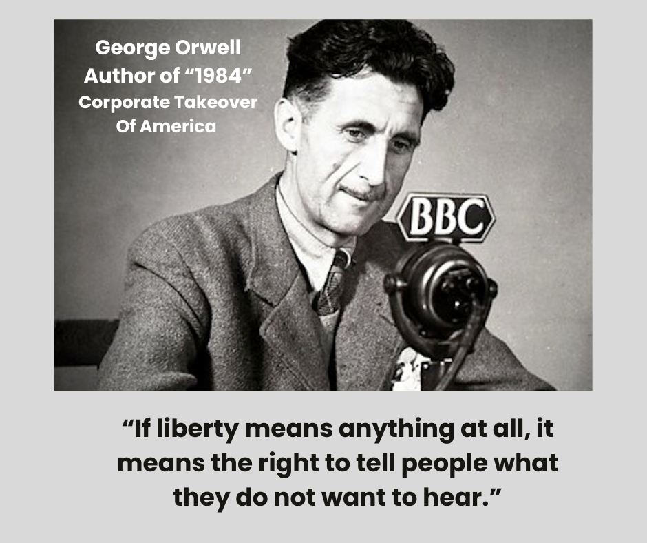 An image of George Orwell, author of the dystopian novel "1984," is broadcasting on the BBC.