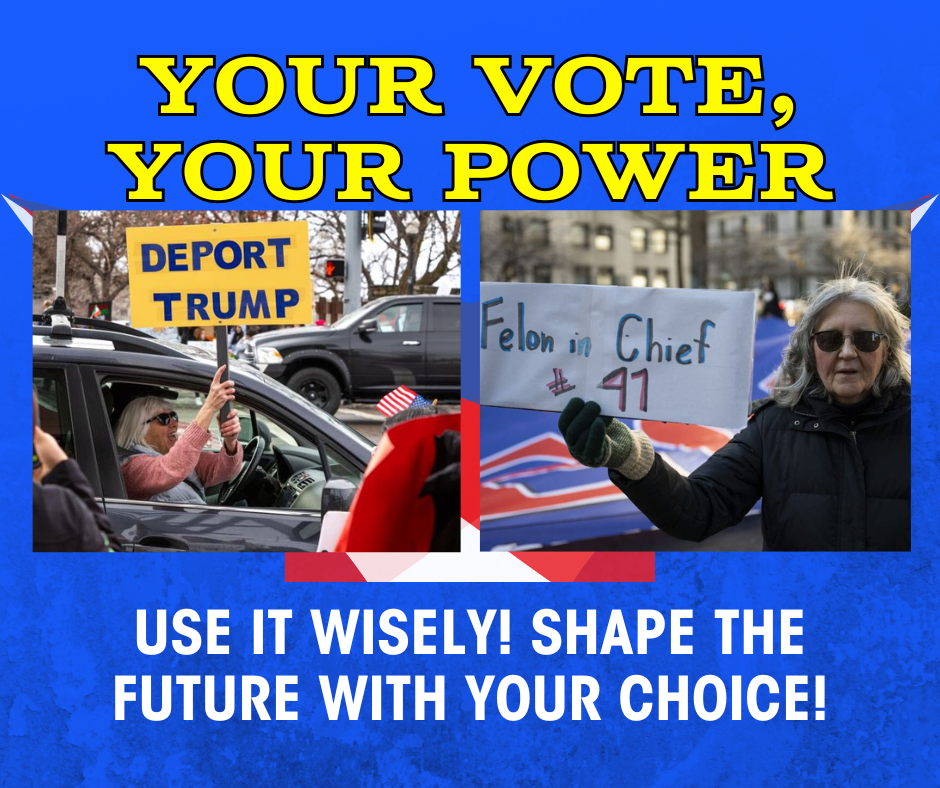 A woman driving with a "Deport Trump" sign outside her window, and a woman walking in a protest holding a "Felon in Chief #47" sign.