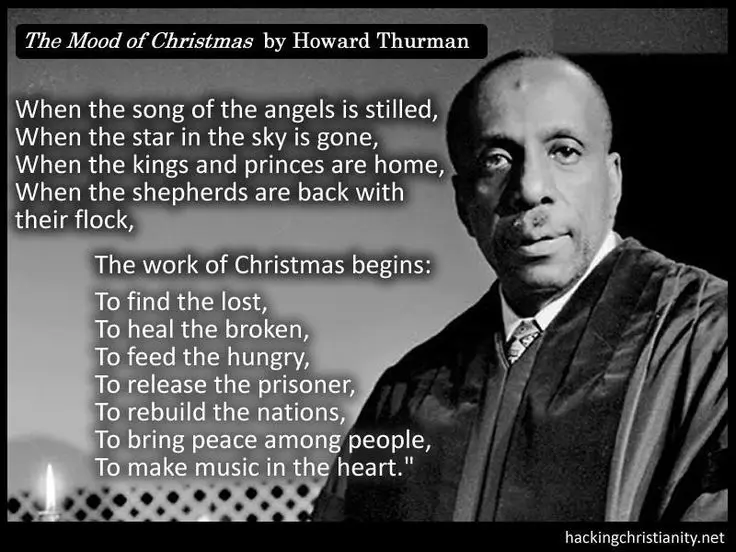 Image includes a portrait of Howard Thurman, along with the poem's title, "The Work of Christmas," and the words of the poem.
