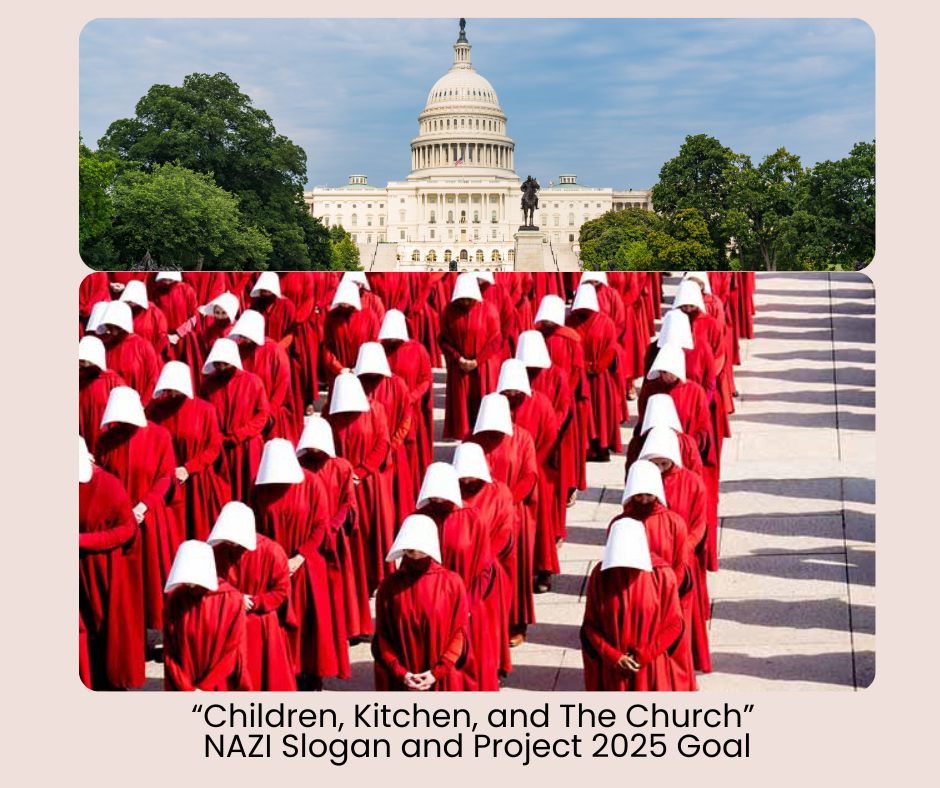 The White House is looming in the background while scores of women dressed as handmaids march together with their faces covered and their hands together in front of them.