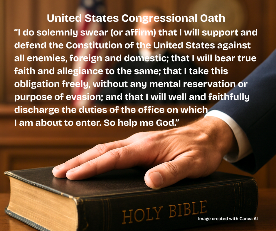 A politician's hand is placed on the Holy Bible while they repeat the Congressional Oath to support and defend the Constitution of the United States. Not a president. 