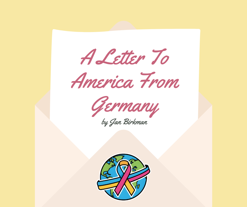 Stationery and an envelope with an image of the world wrapped in a ribbon, symbolizing that all humanity is connected.