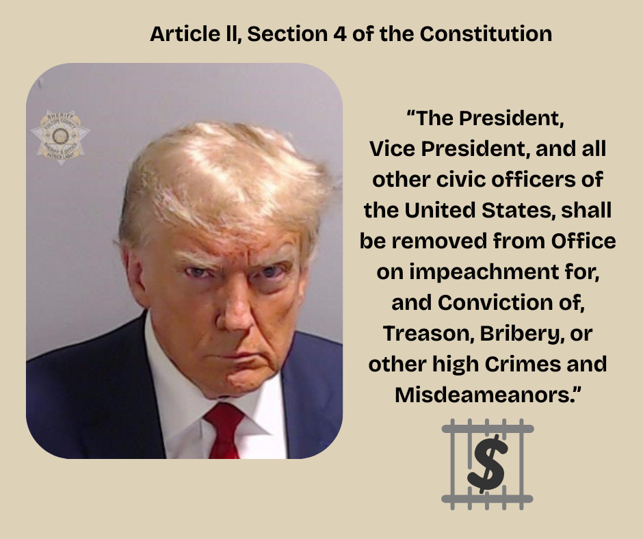 Included is Trump's mug shot, taken after he was found guilty of 34 felony convictions. I added a dollar sign behind jail bars below the words of Article II, Section 4.