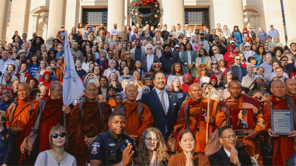 A huge crowd showing their respect, love, and appreciation to the Buddhist Monks who understand the power of peace and how much it is needed at this time in our divided country. 