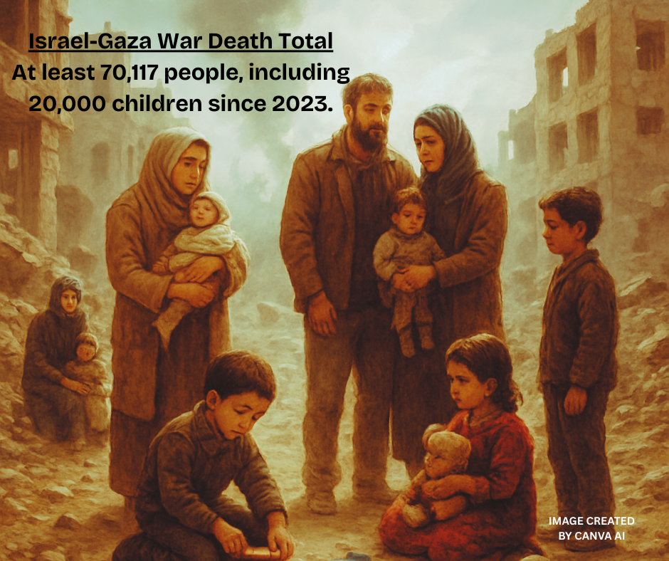 Four adults holding their little ones and three other small children standing with them amidst the war zone rubble.