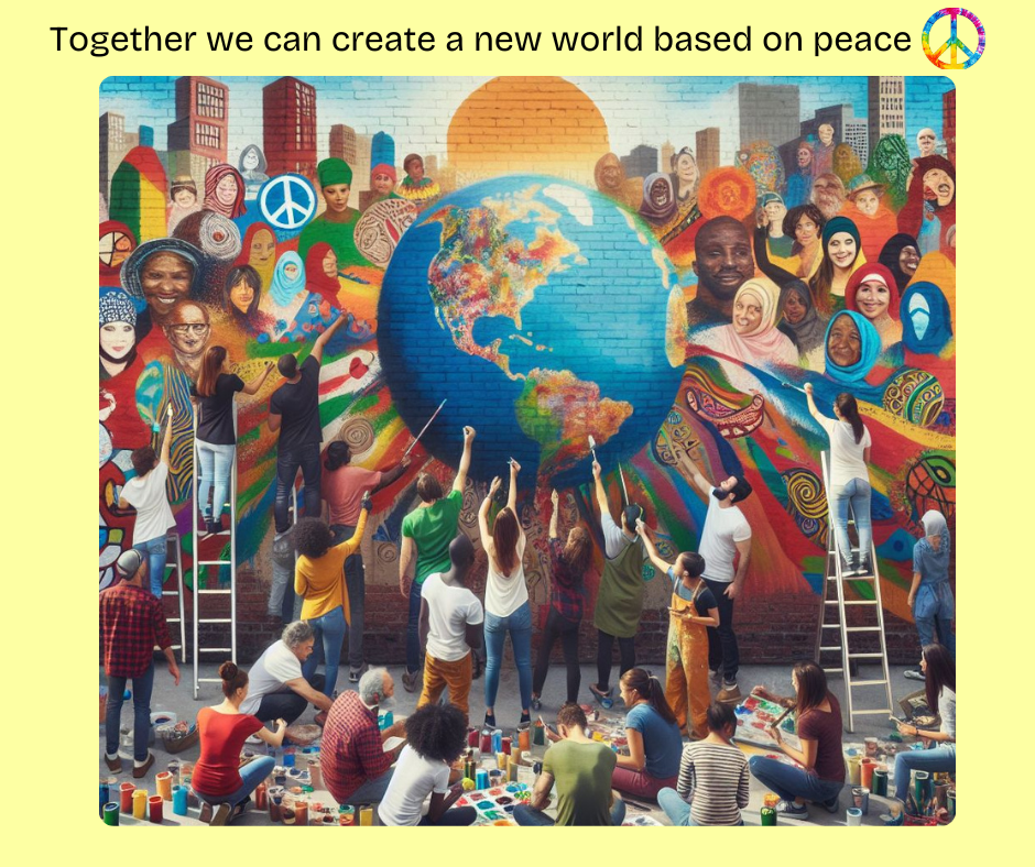 There is a globe of the world in the center with people from all the different cultures designing the world of peace they want to live in.