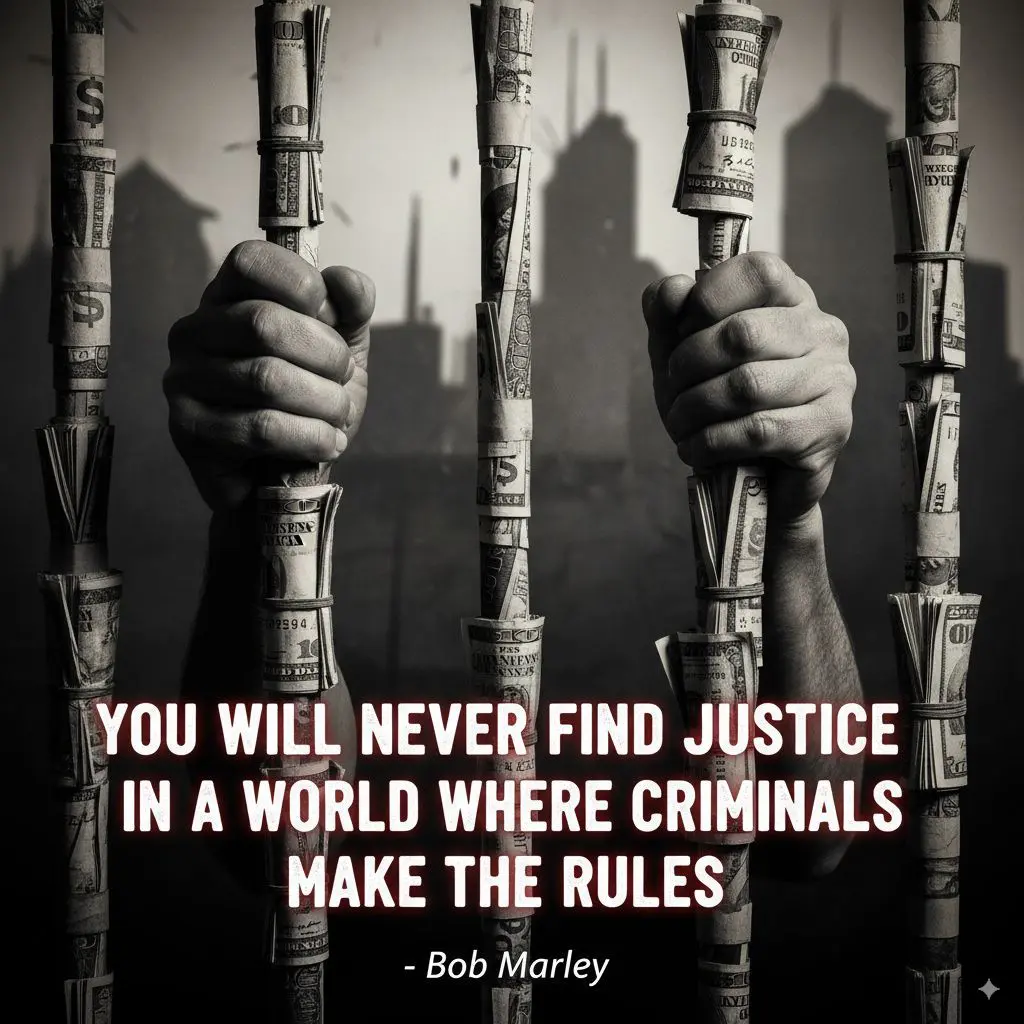 A mans is in jail and his hands are clutching the bars that are all wrapped with money.