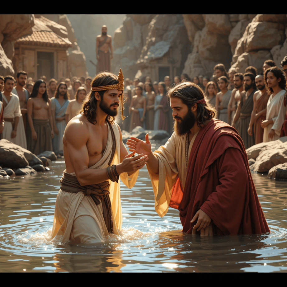 John is baptizing Jesus in the Jordan River, while many others stand around and witness the baptism.