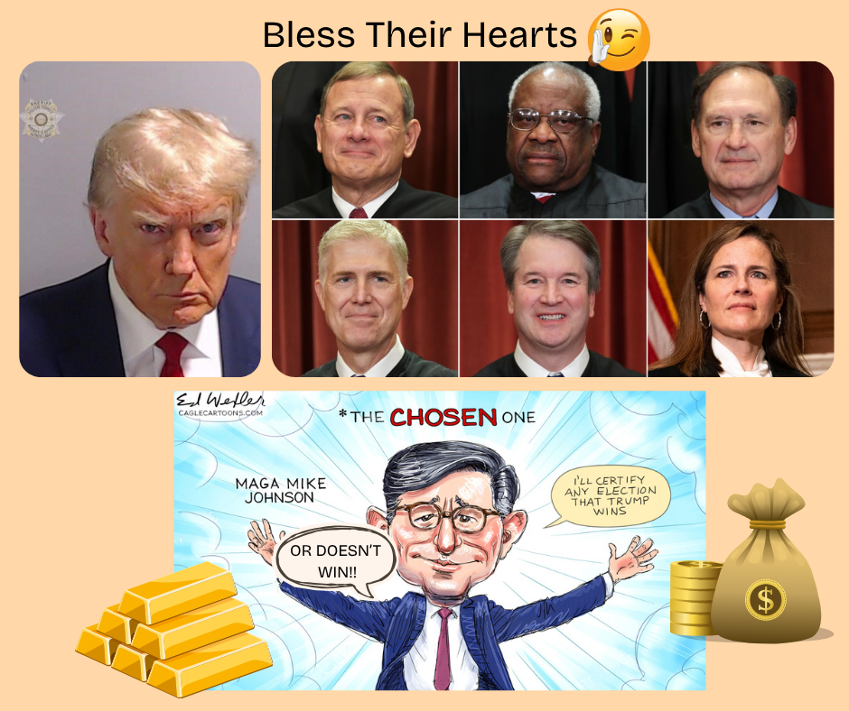 Photo of Donald Trump's Convicted Felon pose, photos of the six Republican Supreme Court Justices, and a cartoon of MAGA Mike "The Chosen One" Johnson surrounded by gold bars and a sack of gold. coins.