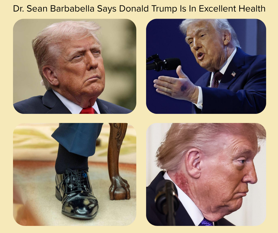 Four photos of Donald Trump: one with droopy lips; one with the large bruise on his hand; one of his very swollen ankles, one with a large rash on his neck.,