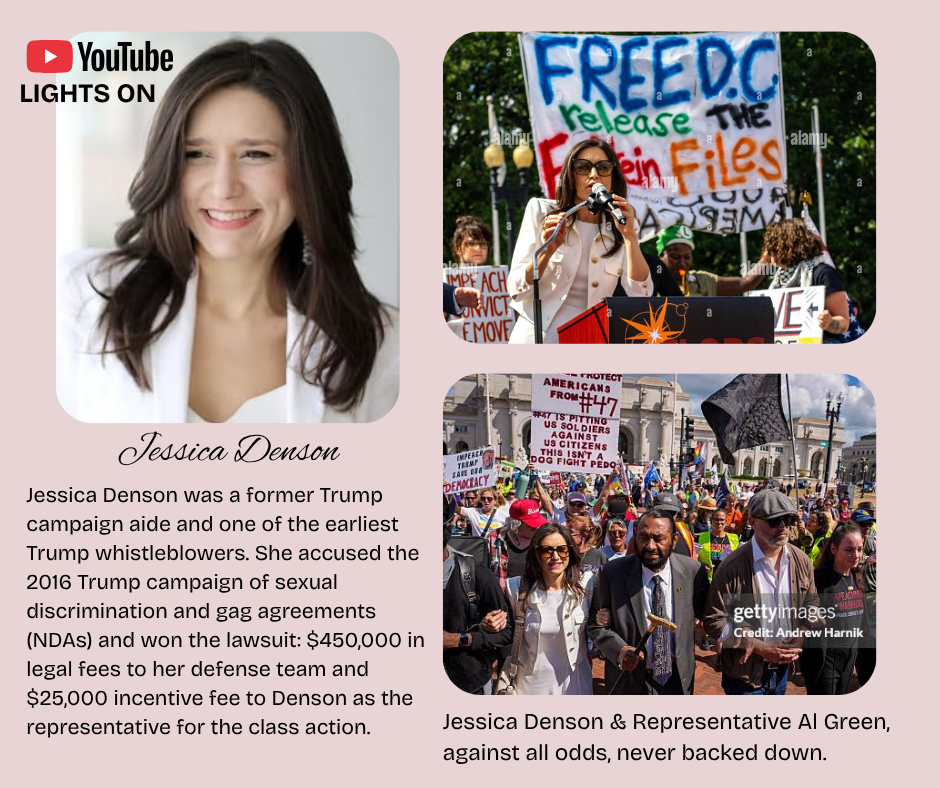 Portrait of Jessica Denson in the upper left corner; another image of her speaking at a protest to Free DC and Release the Epstein Files; in the upper right; and in the bottom left, walking arm in arm with Representative Al Green at another protest to Impeach, Convict, Remove Trump.