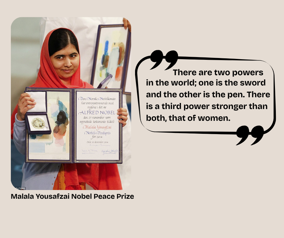Portrait of Malala Yousafzai receiving the Nobel Peace Prize.