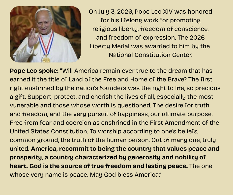Portrait of Pope Leo dressed in white and wearing the Liberty Medal around his neck.