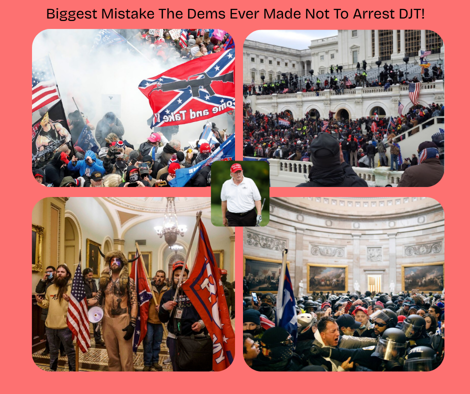 Four photos of the angry MAGAs attacking our Capitol and democracy on January 6, 2021. A small photo of Donald Trump golfing with a Make America Great Again red hat on in the middle of those four images..