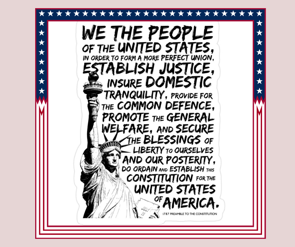 Drawing of Lady Liberty calling attention to the words of the Preamble to the Constitution.