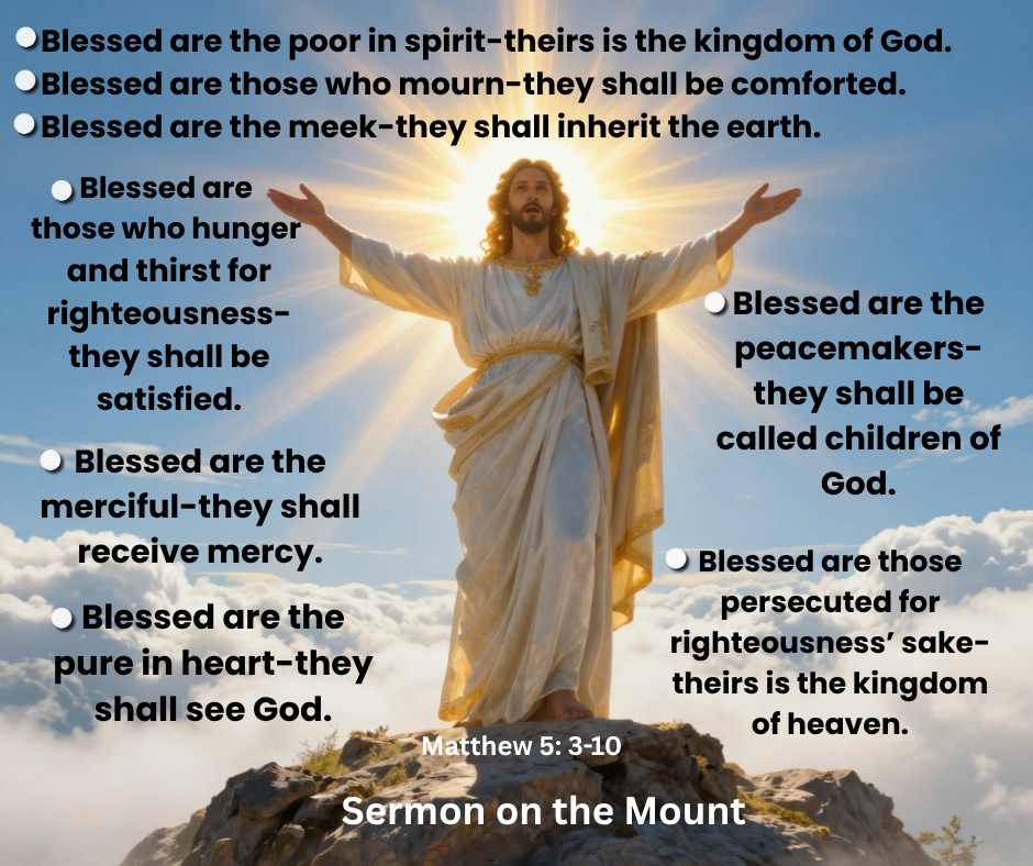 Jesus with his arms stretched, palms pointed to the sky, and a bright light behind him.