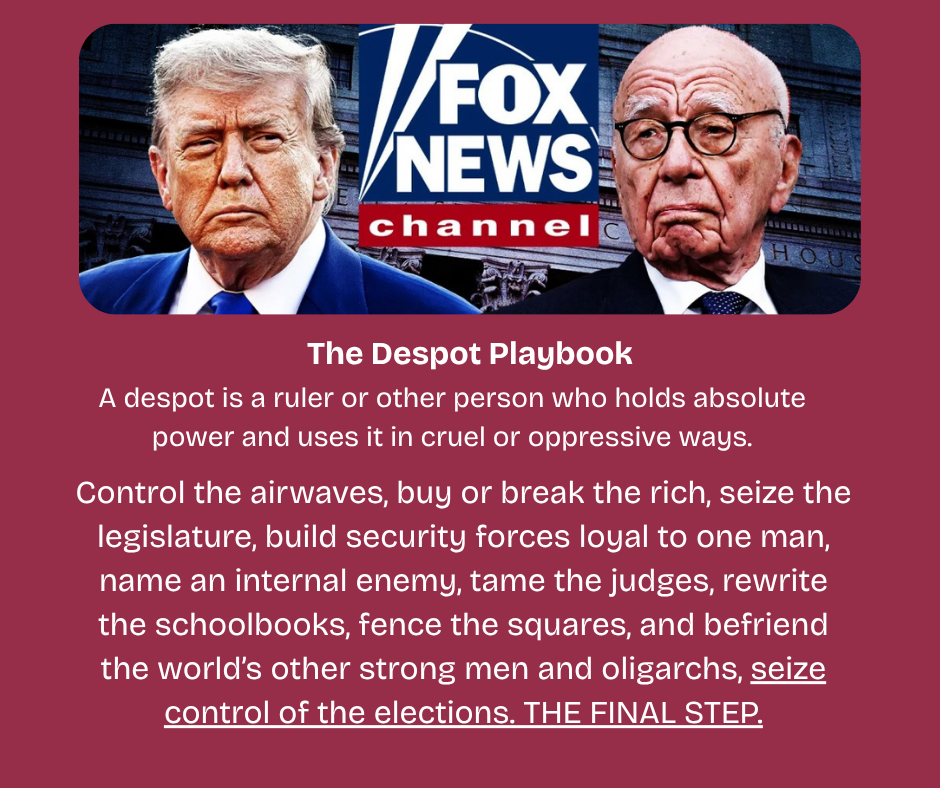 Photo of Donald Trump, the FOX New Channel logo in the middle,, and a photo of Rupert Murdock.