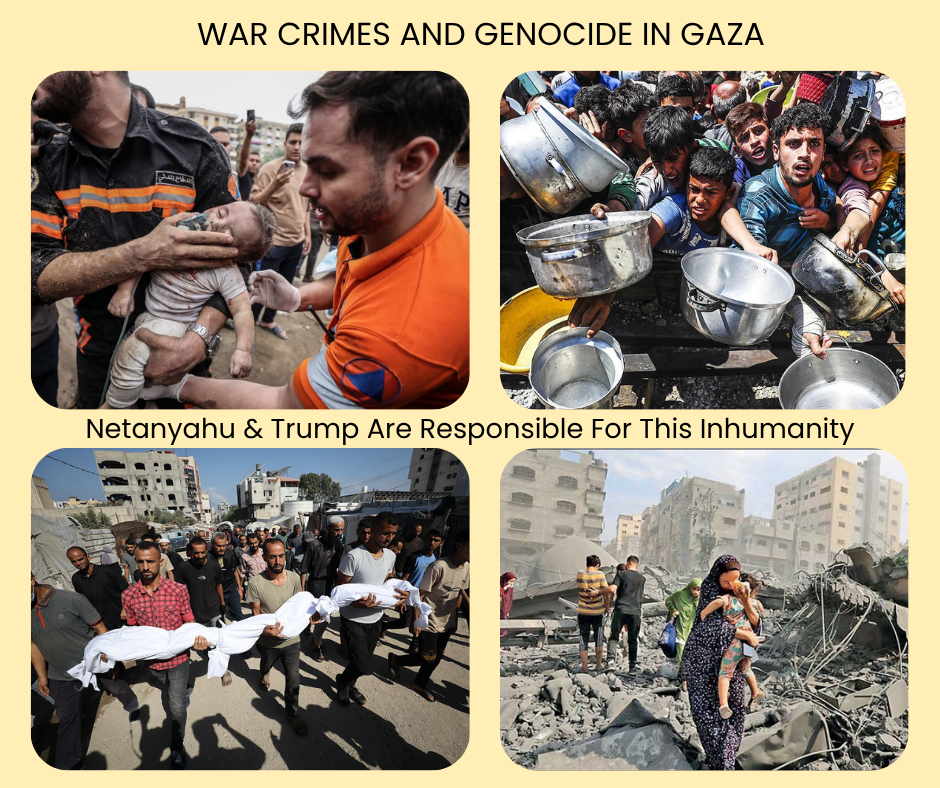 Four photos: one with a first responder trying to resuscitate an infant; one with starving people in Gaza holding their pans out for food; a group of men carrying their deceased loved ones; and a mother walking through piles of rubble holding her toddler close to her.