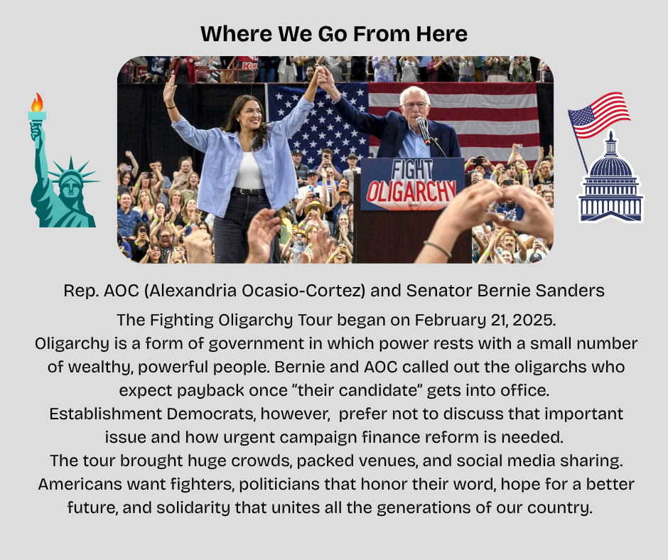 Representative Alexandria Ocasio-Cortez (AOC) and Senator Bernie Sanders standing in solidarity at one of the Fight Oligarchy rallies before a huge crowd.