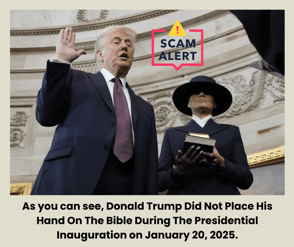 Donald Trump raises his left hand while Melania Trump stands beside him, holding the Bible as he is sworn in. Clearly, he chose not to place his right hand on the Bible.