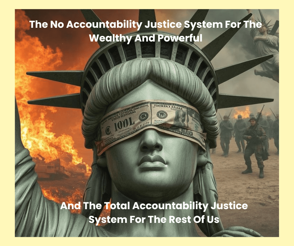 The face of Lady Liberty with a hundred-dollar bill around her eyes. There is fire behind her on the left and soldiers behind her on the right.