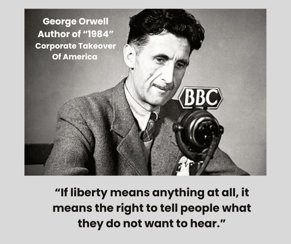 An image of George Orwell, author of the dystopian novel "1984," is broadcasting on the BBC.