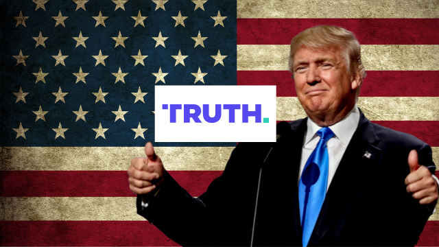 Donald Trump is standing in front of the American flag in his thumbs-up pose with the TRUTH logo in the middle.