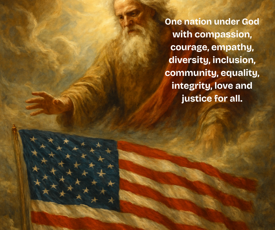 God above is holding his hand out, reaching for the United States flag below.