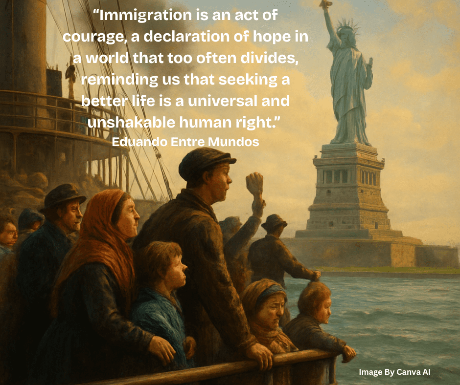 A group of people on a ship sailing towards the Statue of Liberty, welcoming them to the United States.
