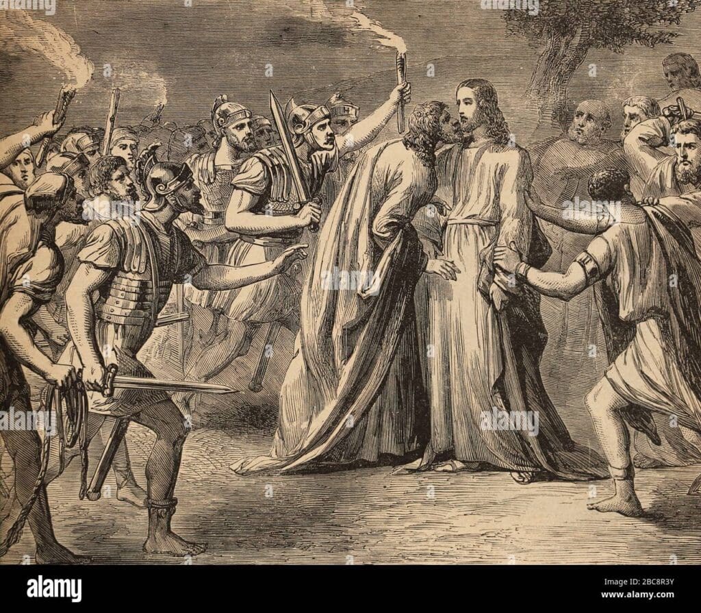 A group of soldiers arrested Jesus during the night in the Garden of Gethsemane. Judas betrayed Jesus with a kiss for the soldiers. Some of Jesus' followers tried to protect him.  