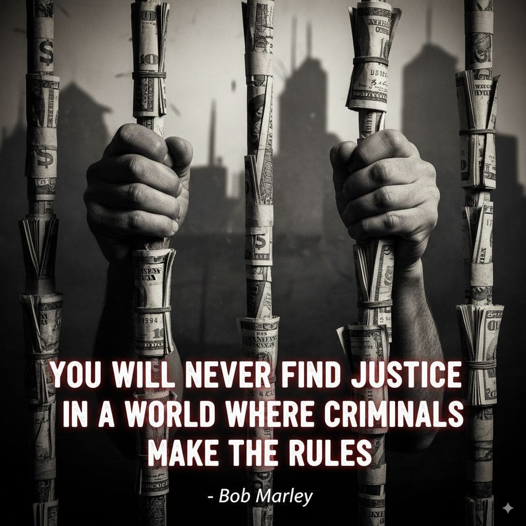 A mans is in jail and his hands are clutching the bars that are all wrapped with money.