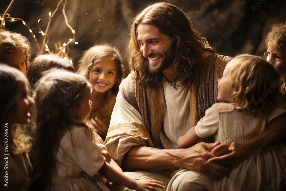 Jesus is holding a young child and sharing a happy moment with a group of children.