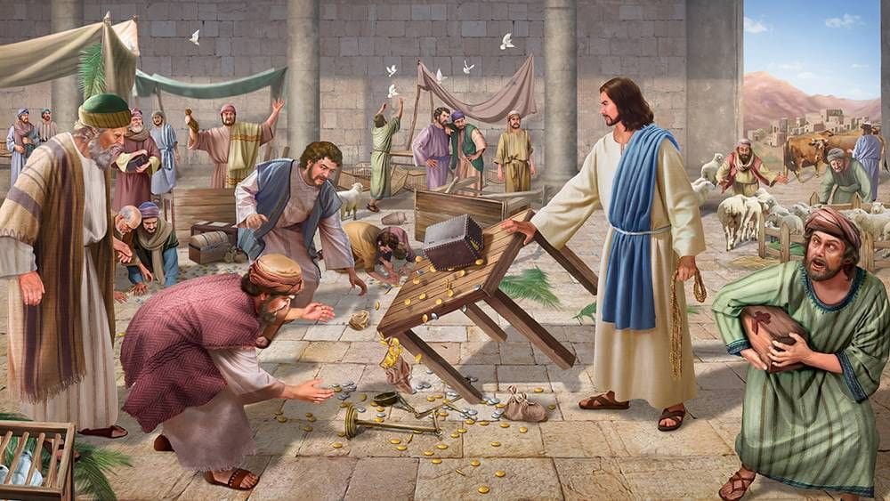 Jesus in the marketplaces, flipping over the tables of all the money changers during Passover.