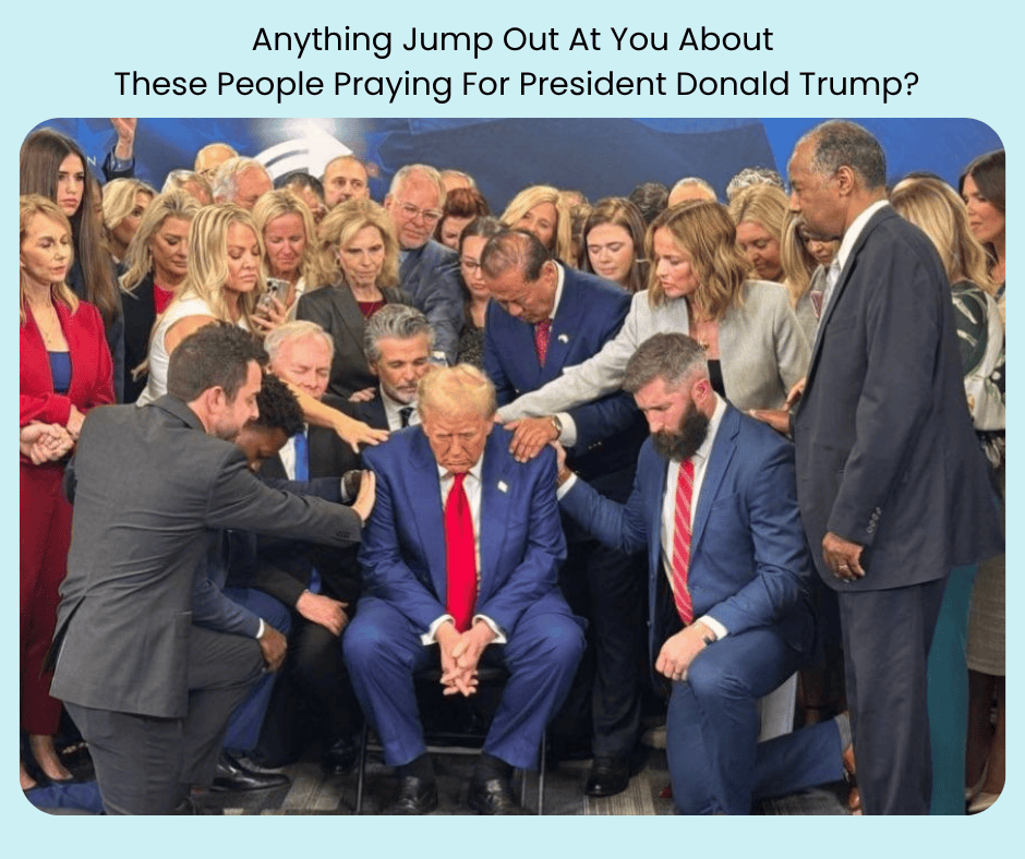 A large group of women and men, some laying hands on Trump as they pray for him.