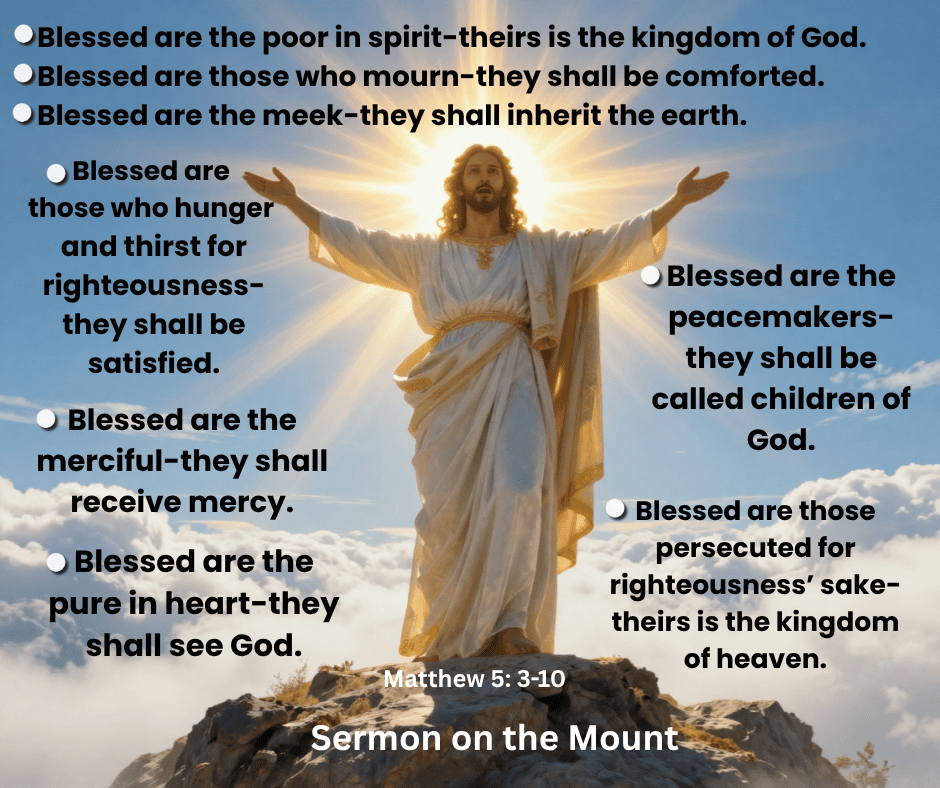 Jesus with his arms stretched, palms pointed to the sky, and a bright light behind him.