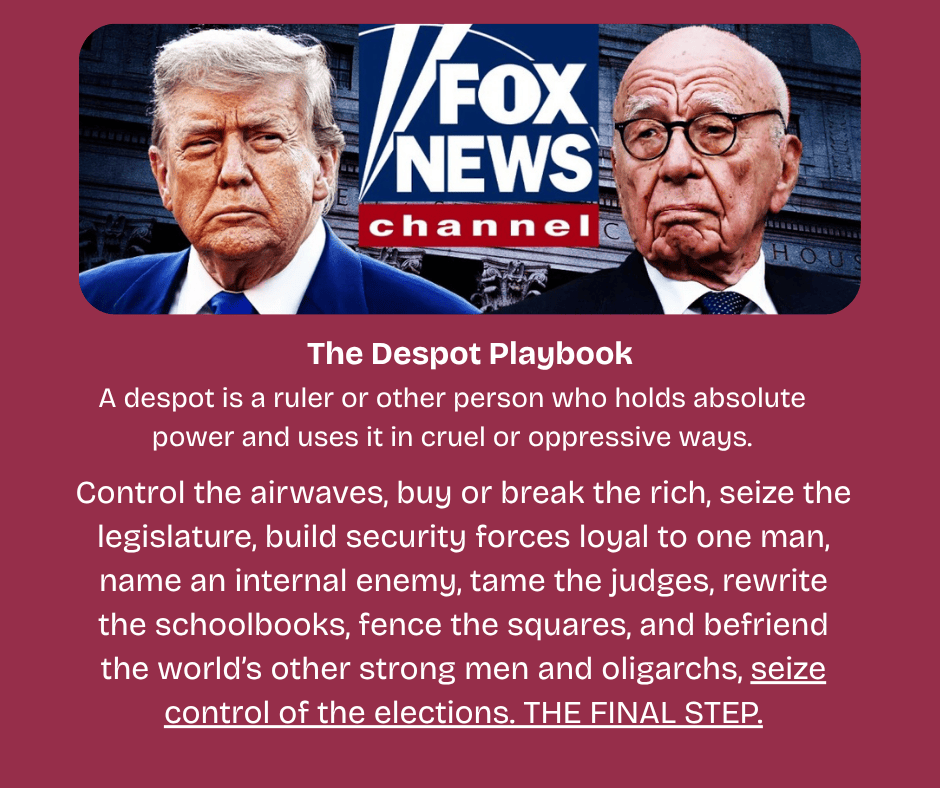 Photo of Donald Trump on the left, FOX NEWS Channel in the middle, and photo of Rupert Murdoch on the right.
